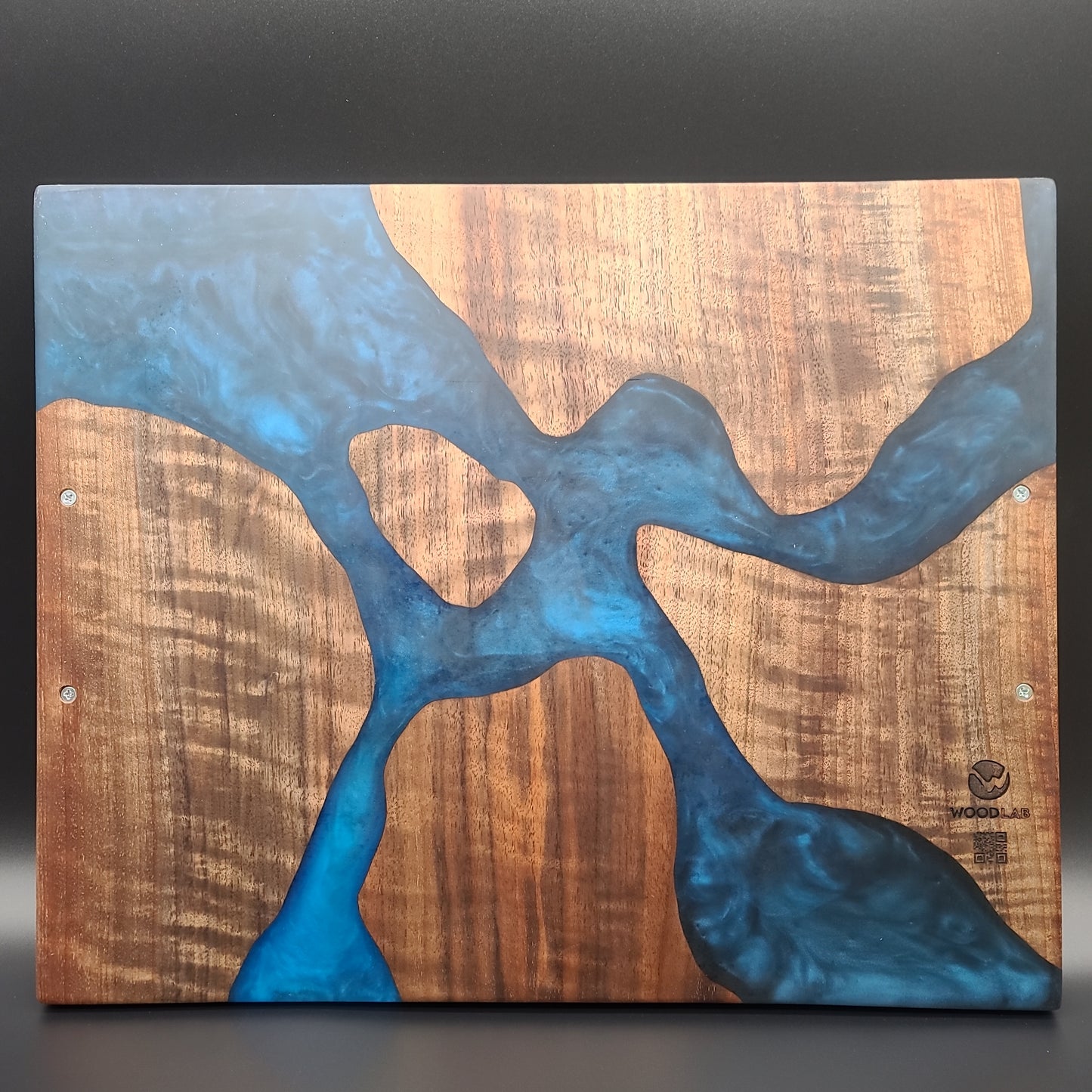 Black Walnut Serving Tray with Blue Epoxy & Black Metal Handles