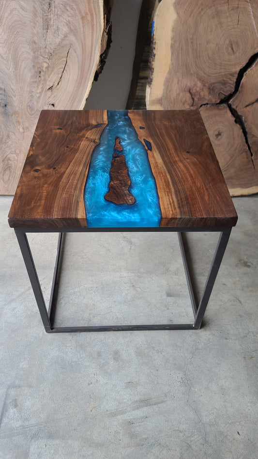 Black Walnut and Multi-Blue Epoxy Side Table