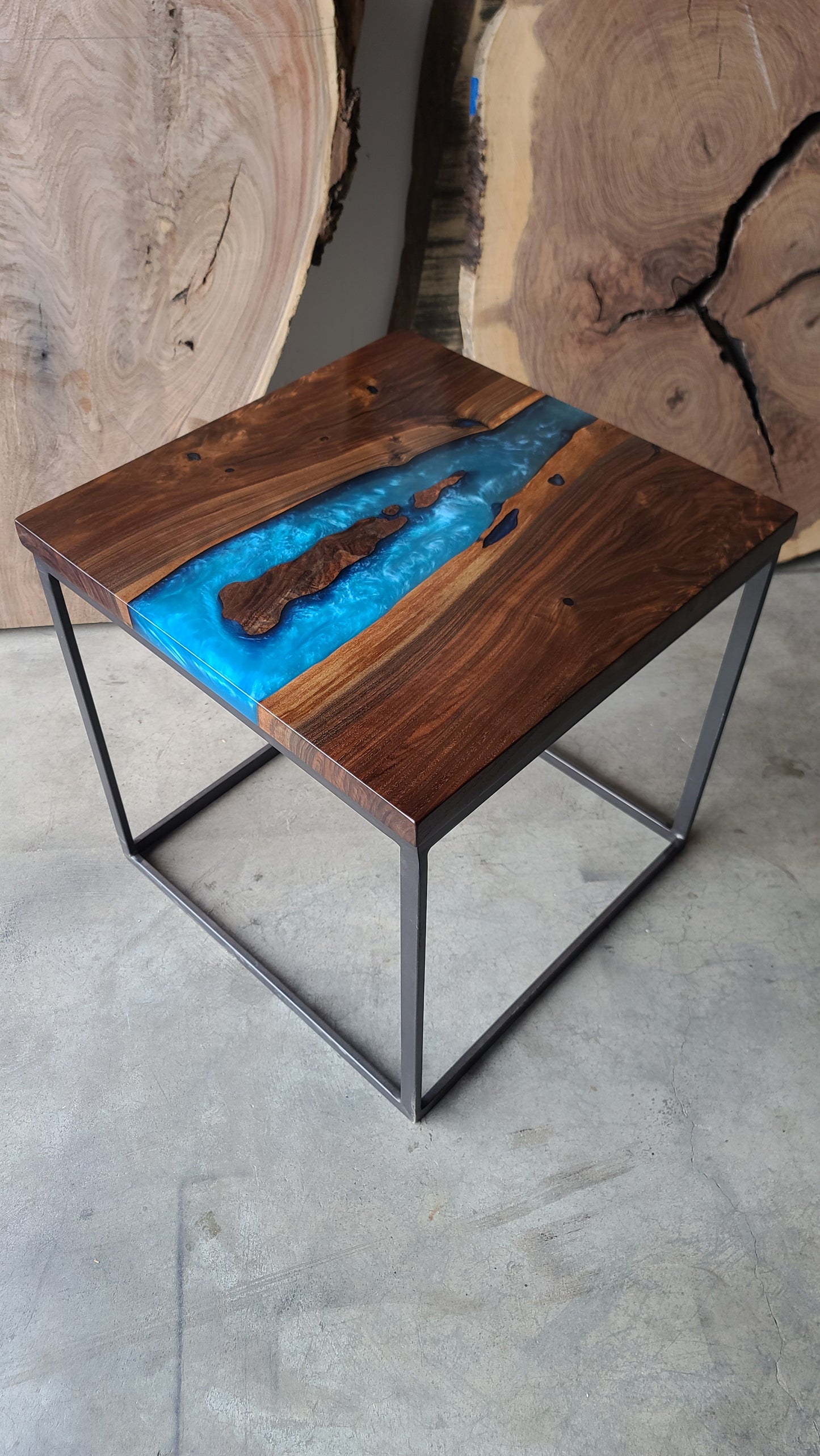Black Walnut and Multi-Blue Epoxy Side Table
