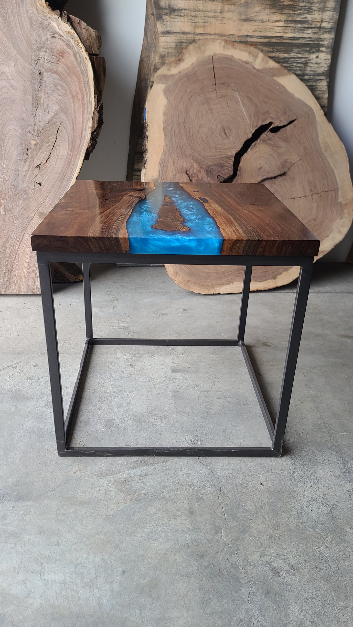Black Walnut and Multi-Blue Epoxy Side Table
