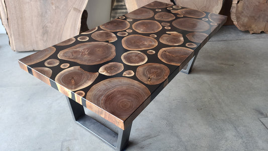 Black Walnut Wooden Branch Rounds and Solid Black Epoxy Coffee Table