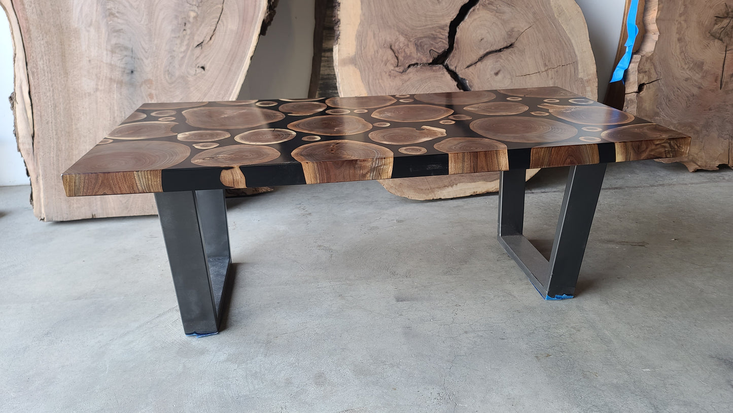 Black Walnut Wooden Branch Rounds and Solid Black Epoxy Coffee Table