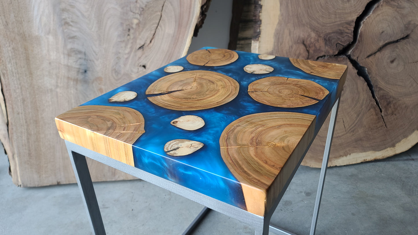 Cherry Wood Rounds and Multi-Blue Epoxy Side Table