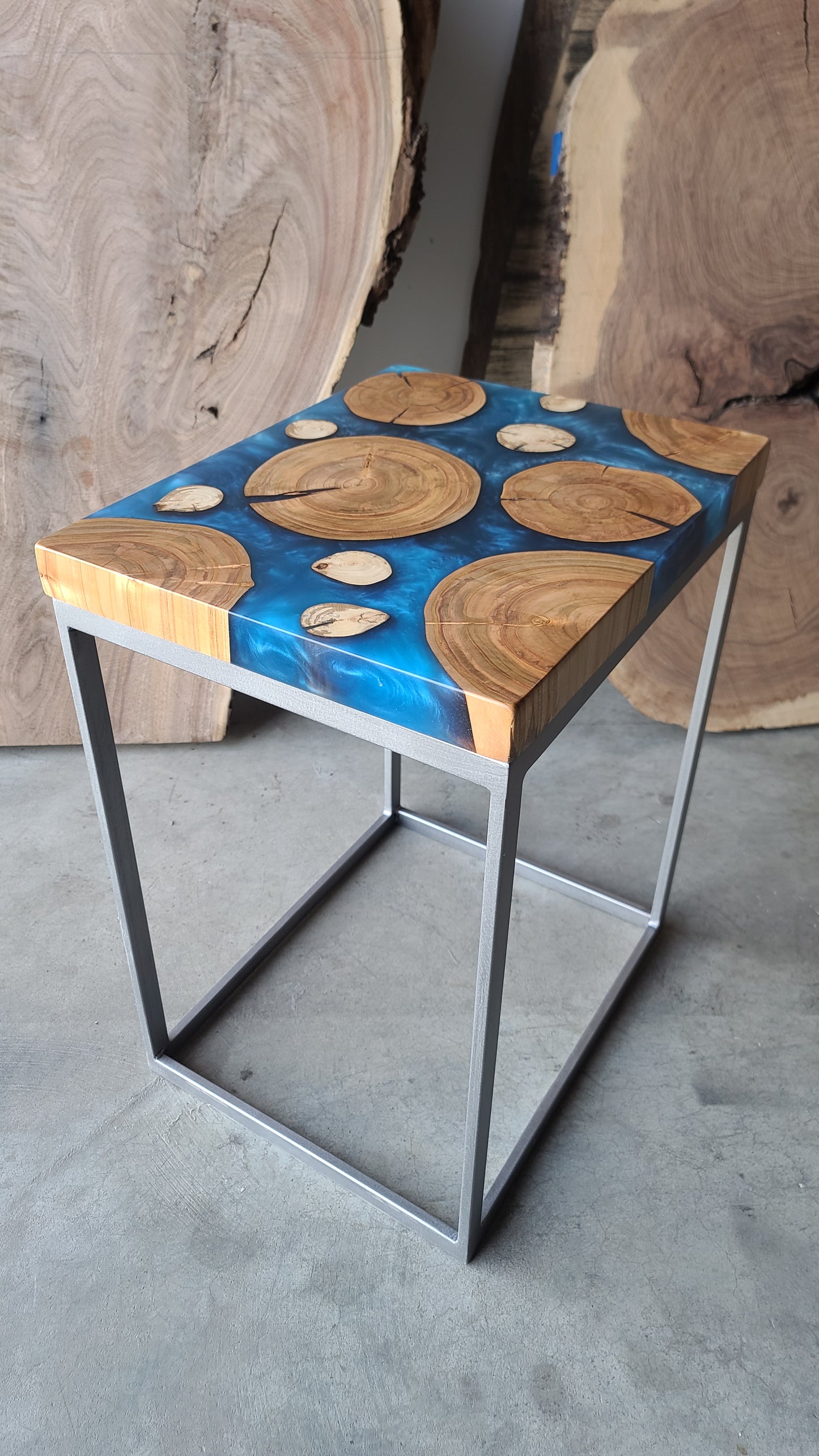 Cherry Wood Rounds and Multi-Blue Epoxy Side Table