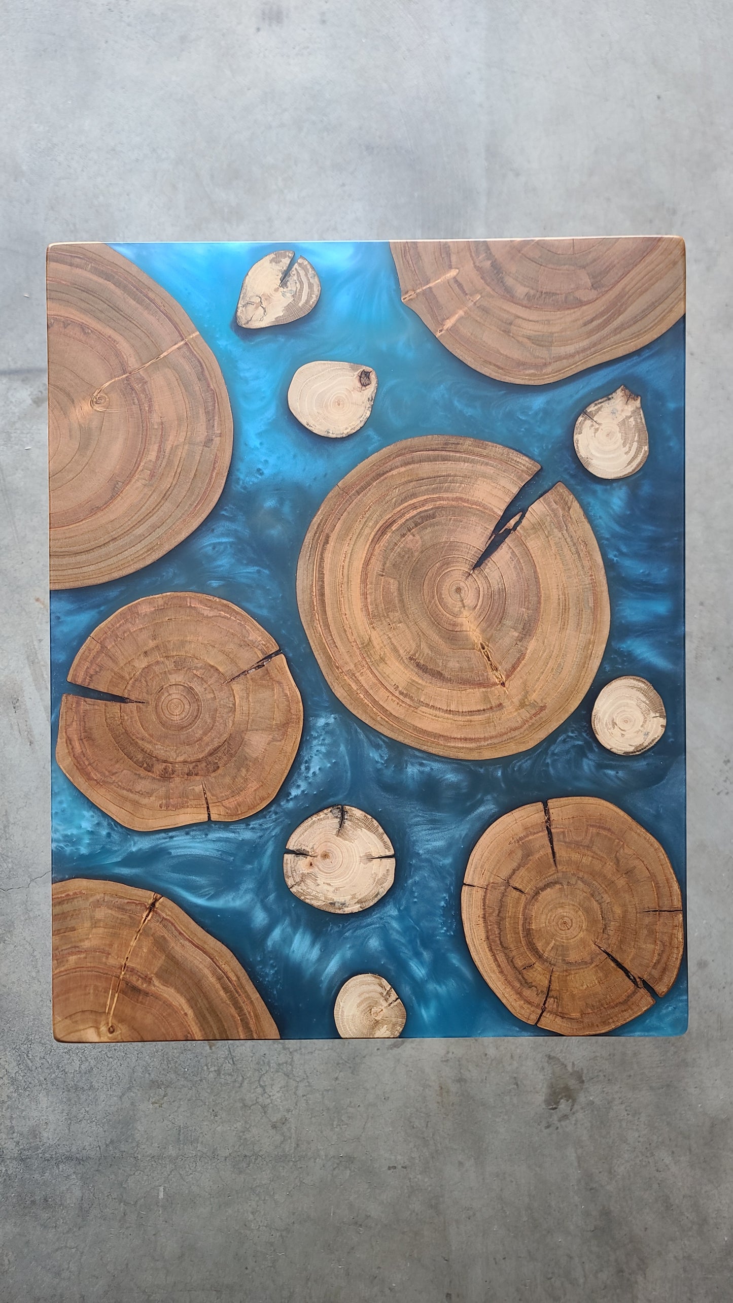 Cherry Wood Rounds and Multi-Blue Epoxy Side Table
