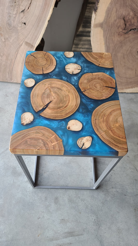 Cherry Wood Rounds and Multi-Blue Epoxy Side Table