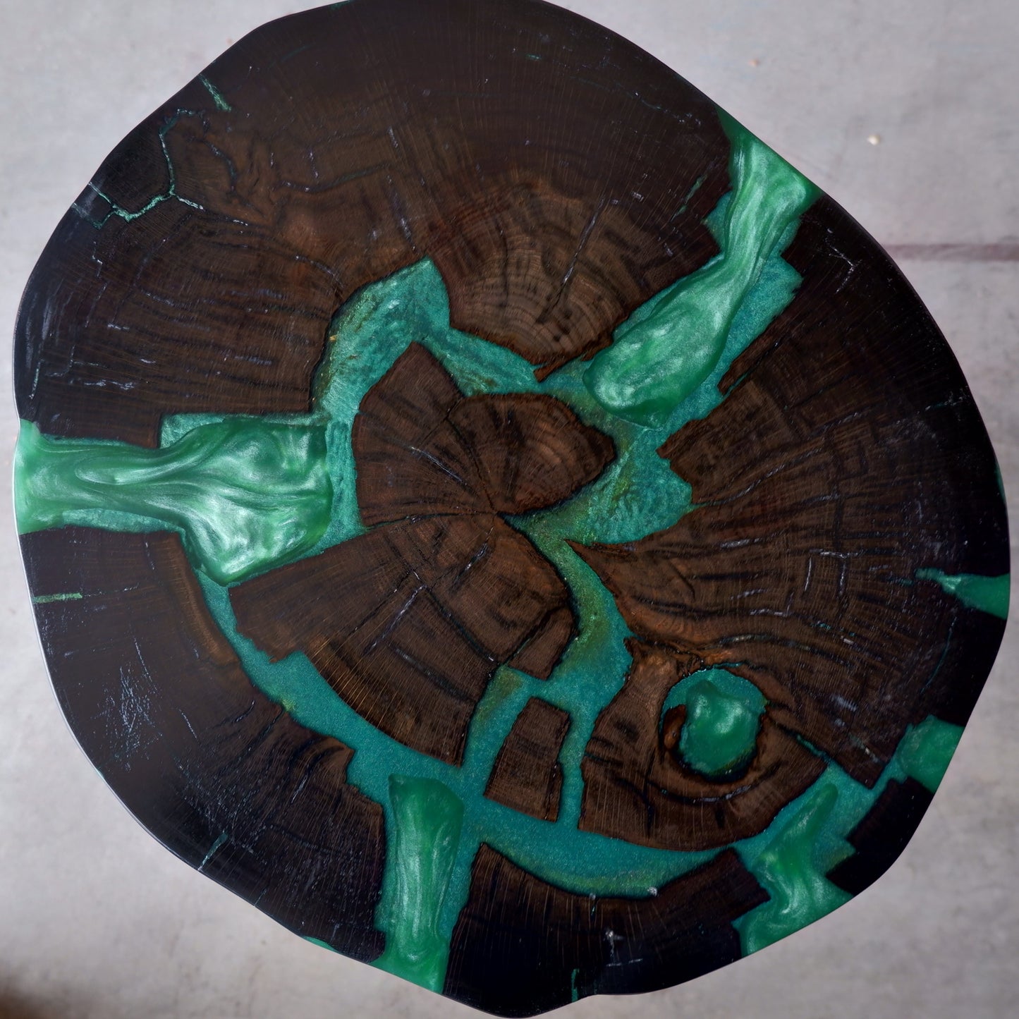 Bog Oak Cocktail Table with Emerald Green Epoxy