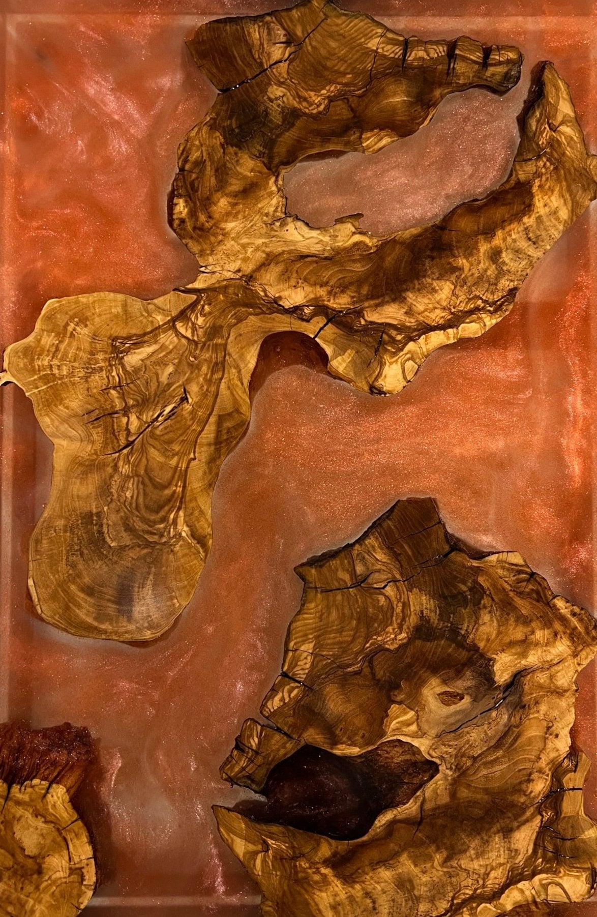 Coral Epoxy C-Table with Exotic Olive Wood Islands