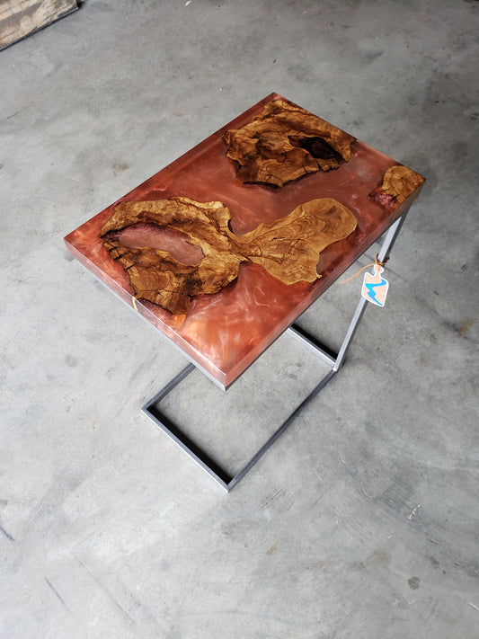 Coral Epoxy C-Table with Exotic Olive Wood Islands