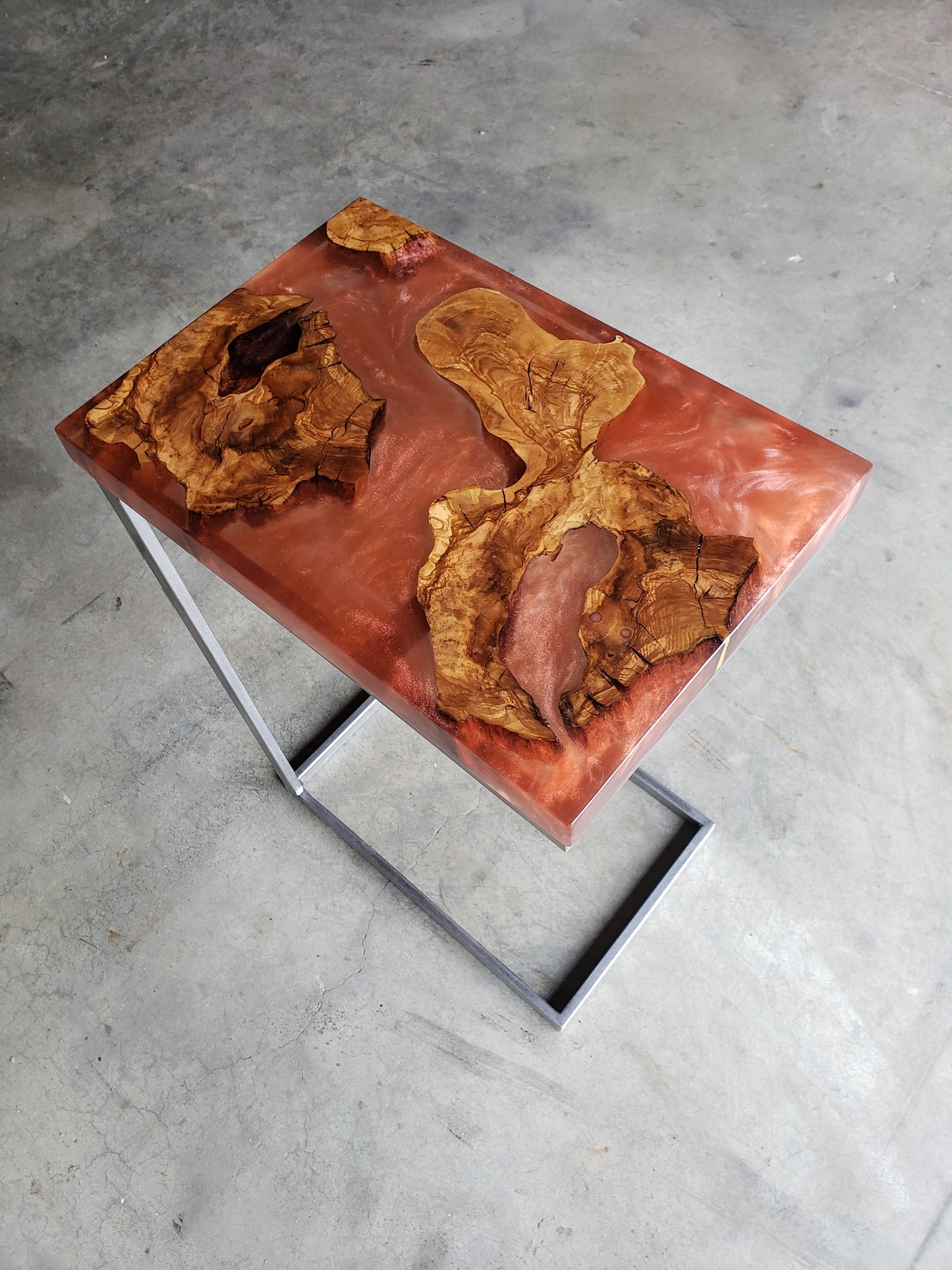 Coral Epoxy C-Table with Exotic Olive Wood Islands