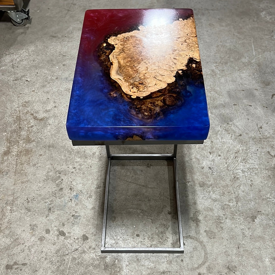 Big Leaf Maple Burl C-Table Encased in a Shimmering Blue / Red Epoxy