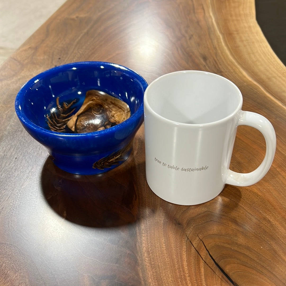 Blue Epoxy Bowl with Black Walnut and Pinecone