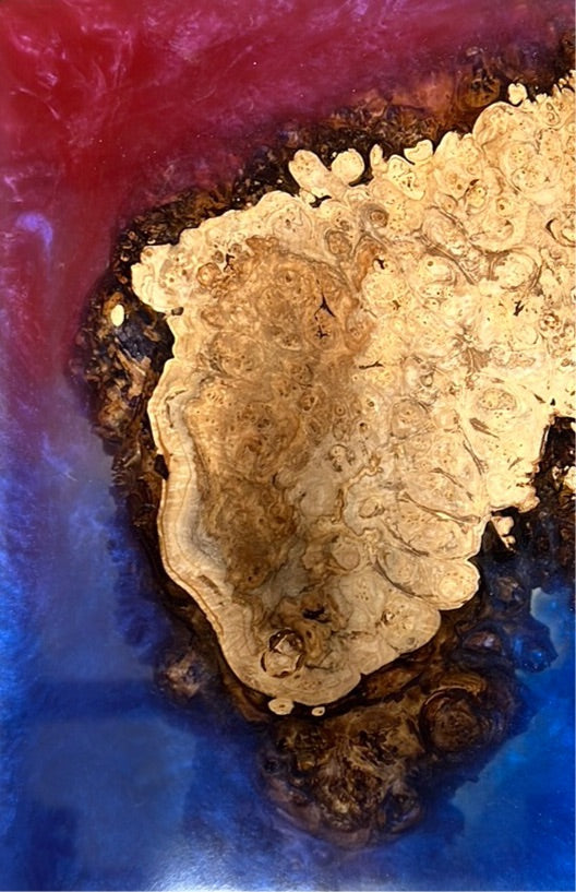 Big Leaf Maple Burl C-Table Encased in a Shimmering Blue / Red Epoxy