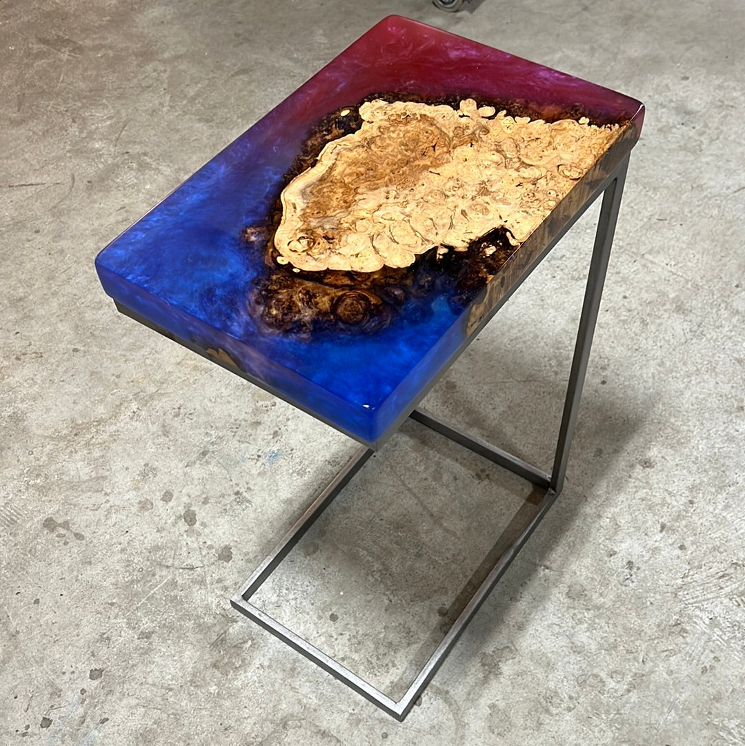 Big Leaf Maple Burl C-Table Encased in a Shimmering Blue / Red Epoxy