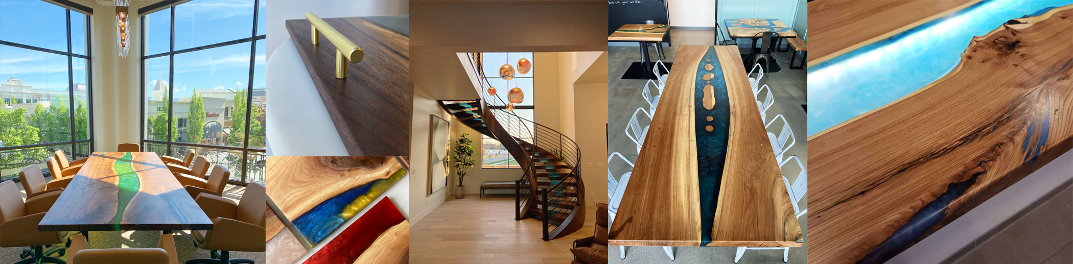 A collage of epoxy dining tables