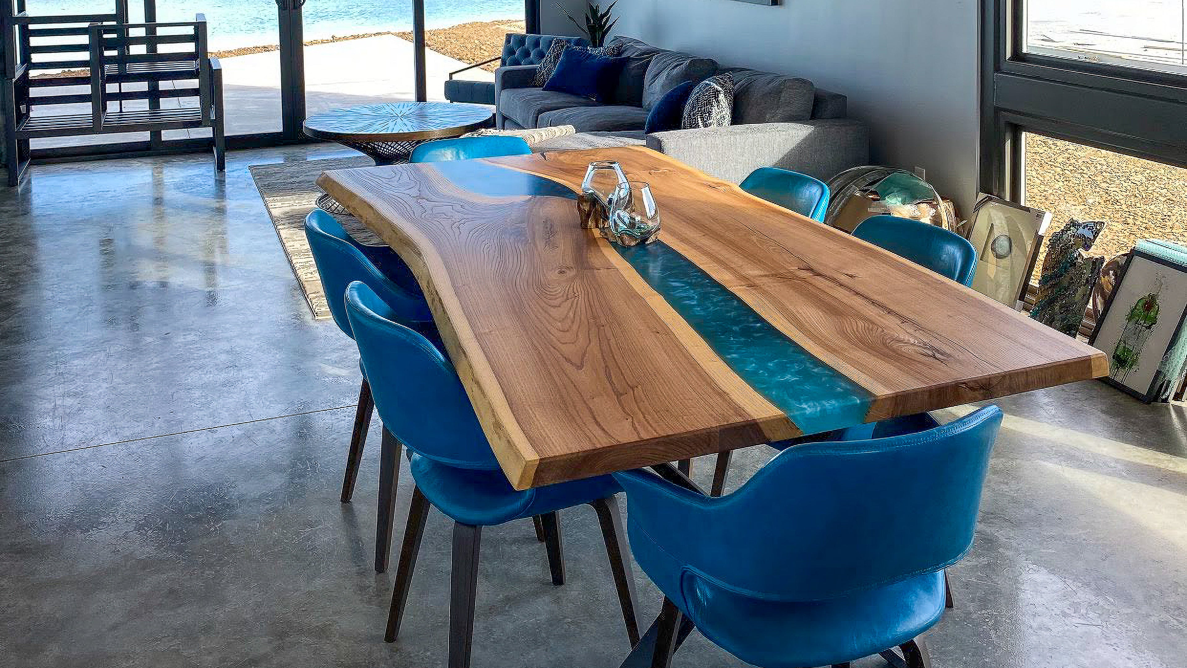 Blue dining table and chairs