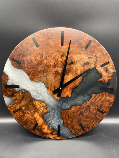 Claro Walnut Burl Round Wall Clock with Multi-Grey Epoxy River