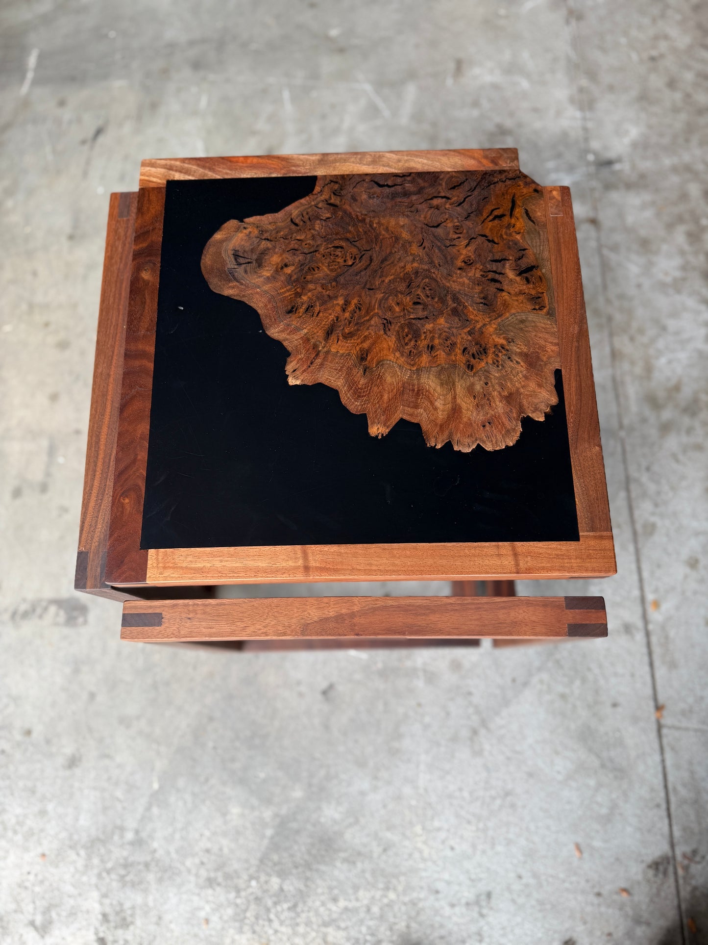 "Infinity" Claro Walnut and Solid Black Epoxy Side Table with Black Walnut Base
