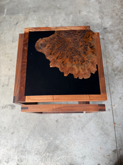 "Infinity" Claro Walnut and Solid Black Epoxy Side Table with Black Walnut Base