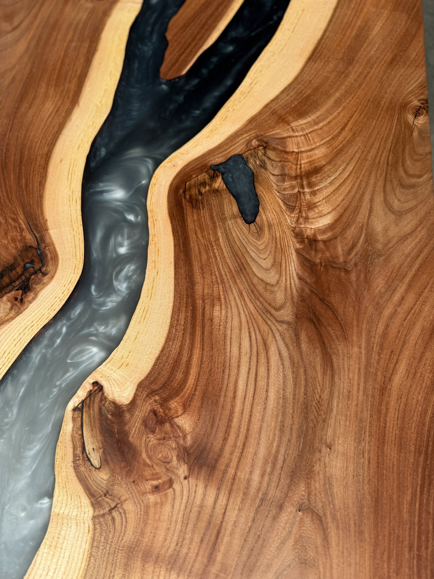 American Elm Epoxy River Coffee Table with Sculpted Elm Legs