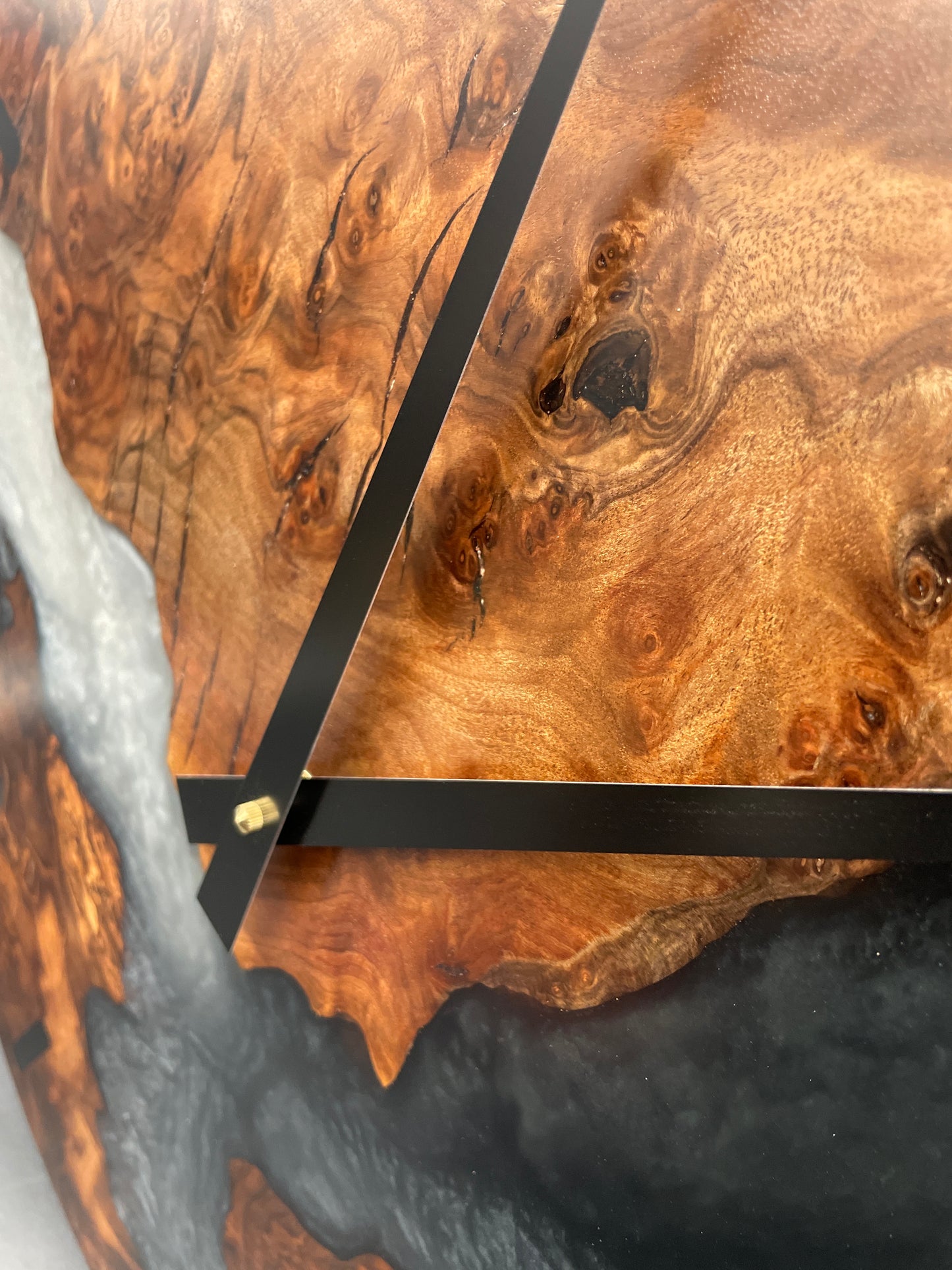 Claro Walnut Burl Round Wall Clock with Multi-Grey Epoxy River