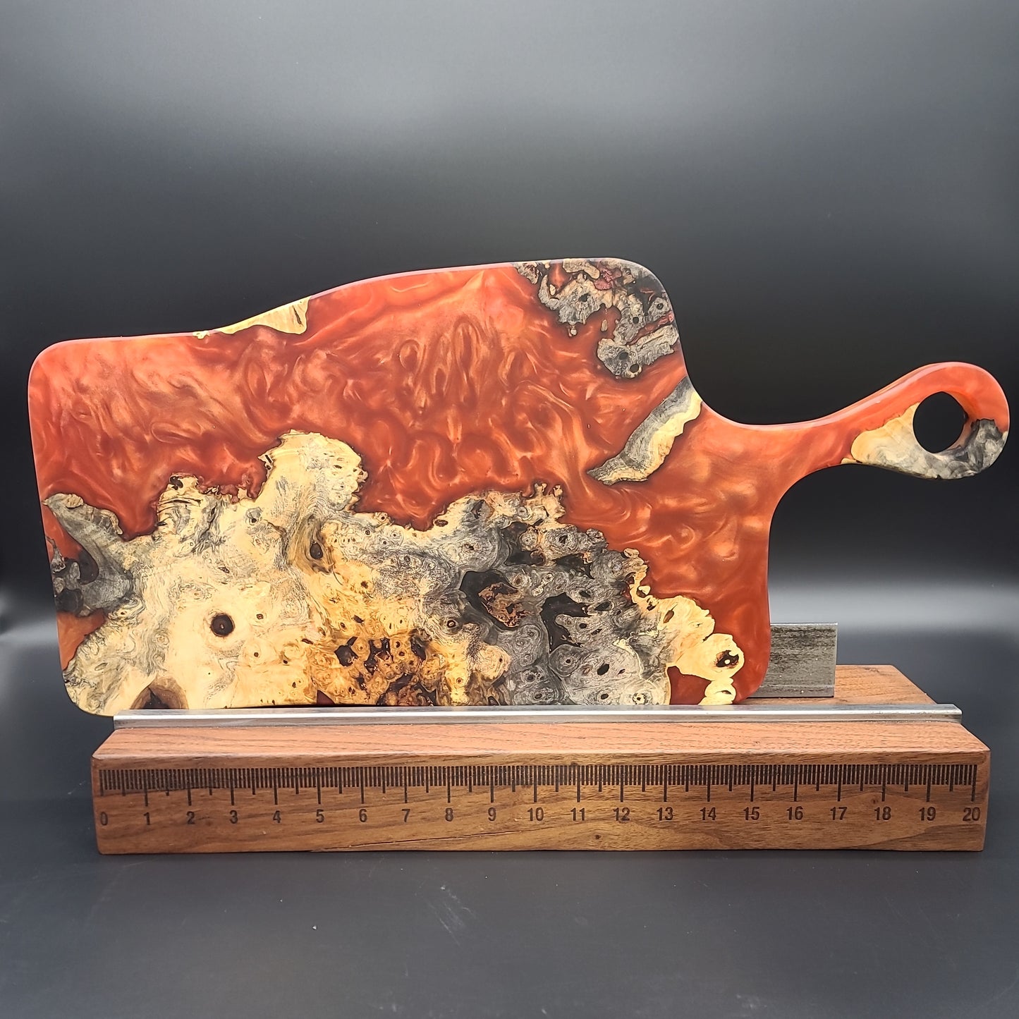 Handled Red/Orange Epoxy and Exotic Burl Charcuterie Board