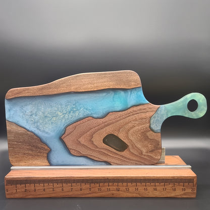Multi-Blue Epoxy and Black Walnut Charcuterie Board with Turquoise Handle