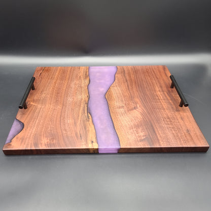 Black Walnut Serving Tray with Purple & Gold River and Handles
