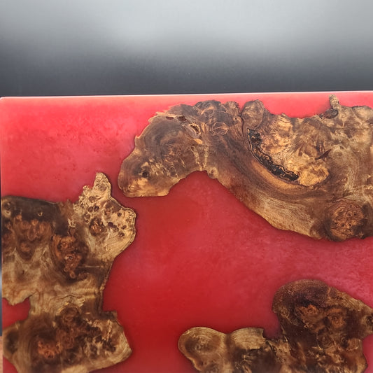12" x 16" Exotic Wood Burl & Red Epoxy Resin Encasement Charcuterie Board