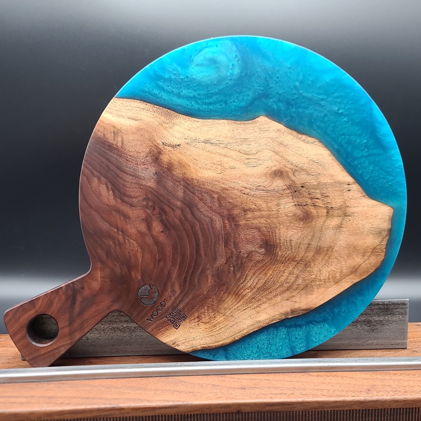 Round Handled Turquoise Epoxy Resin and Black Walnut Hardwood Charcuterie Board