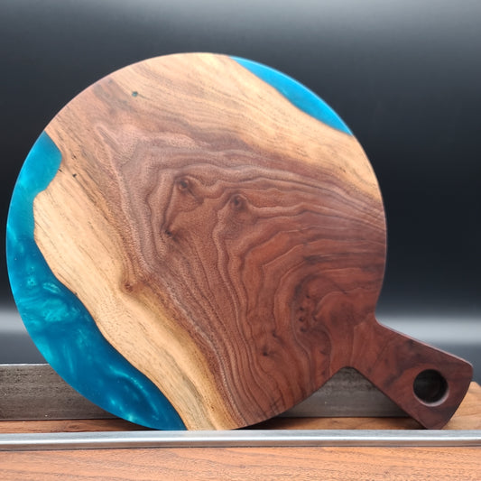 Round Handled Turquoise Epoxy Resin and Black Walnut Hardwood Charcuterie Board