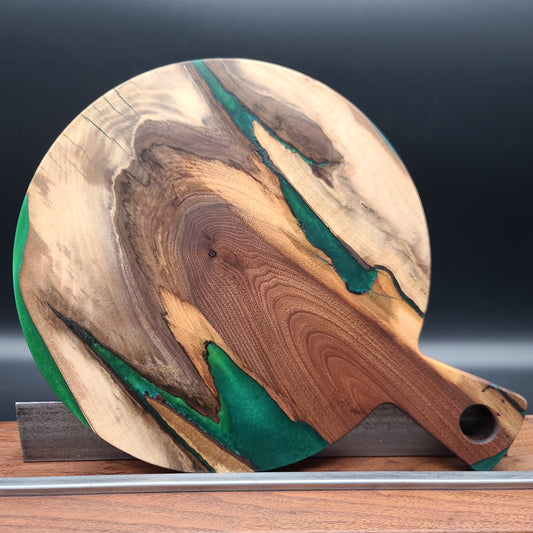 Round Handled Black Walnut Hardwood Charcuterie Board with Forest Green Epoxy Resin