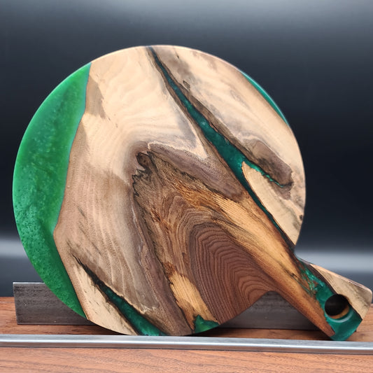 Round Handled Black Walnut Hardwood Charcuterie Board with Forest Green Epoxy Resin