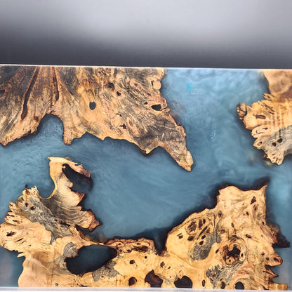 12" x 16" Exotic Wood Burl & Sky Blue Epoxy Resin Charcuterie Board