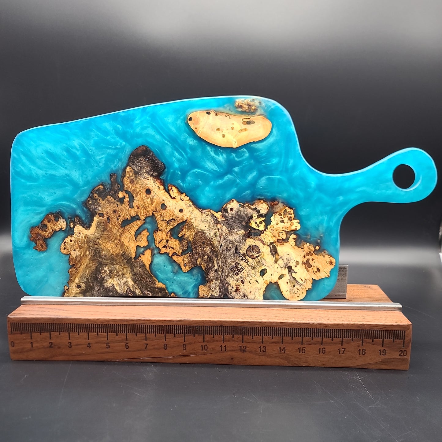 Handled Turquoise Epoxy and Encased Exotic Wood Burl Charcuterie Board
