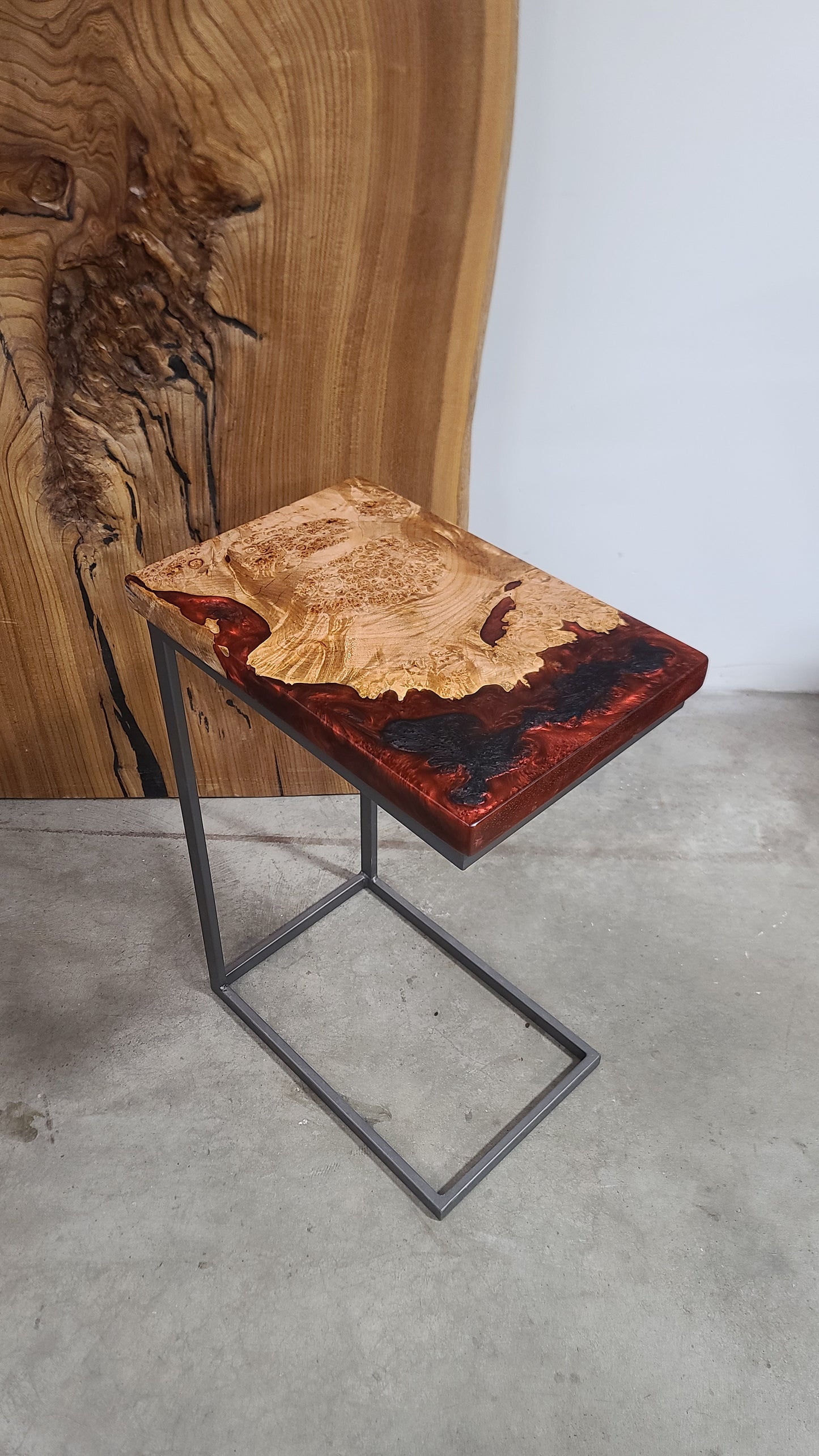Maple Burl Wood and Red/Black Epoxy C-Table