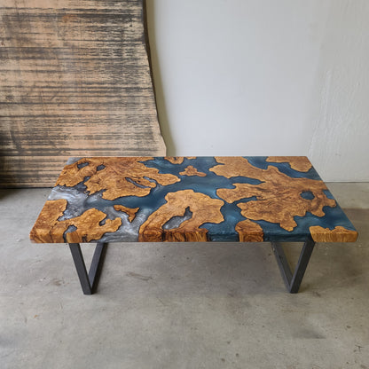 Olive Wood Coffee Table with Slate Blue Epoxy River Encasement