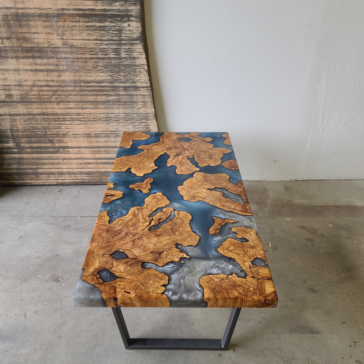 Olive Wood Coffee Table with Slate Blue Epoxy River Encasement