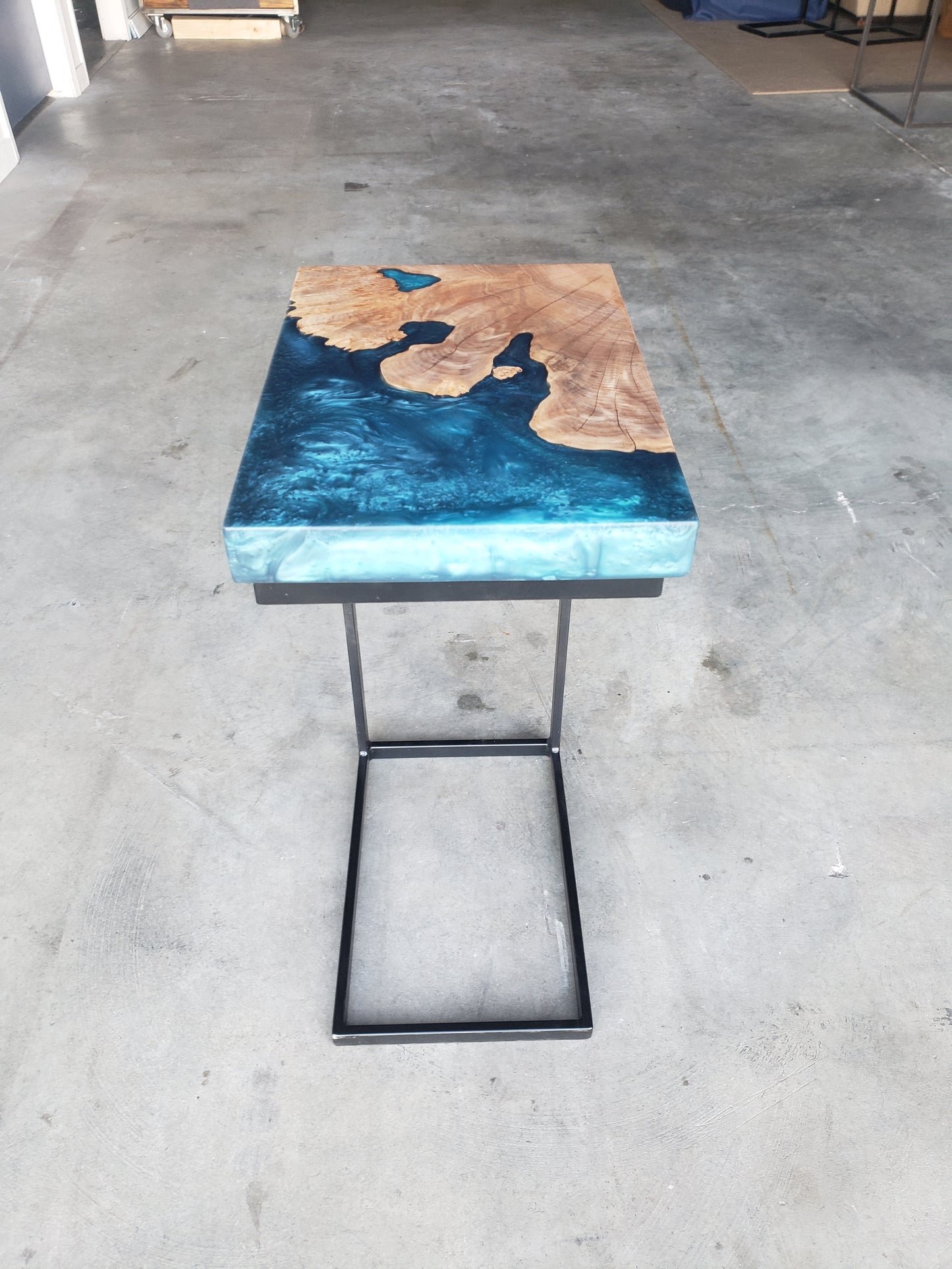 Maple Burl C-Table with Blue Epoxy Encasement