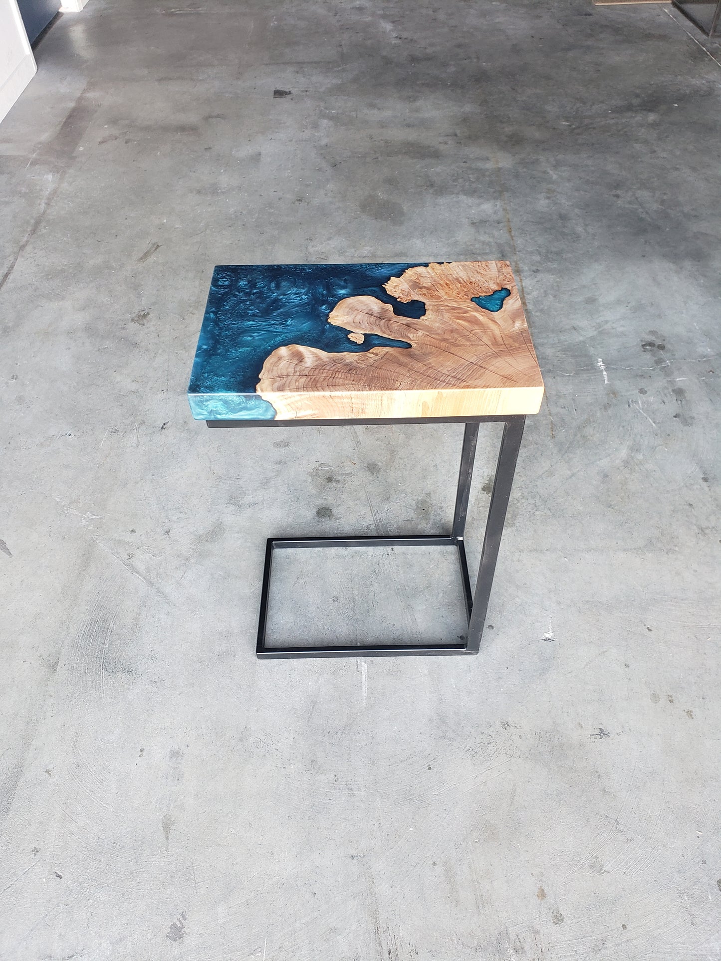 Maple Burl C-Table with Blue Epoxy Encasement