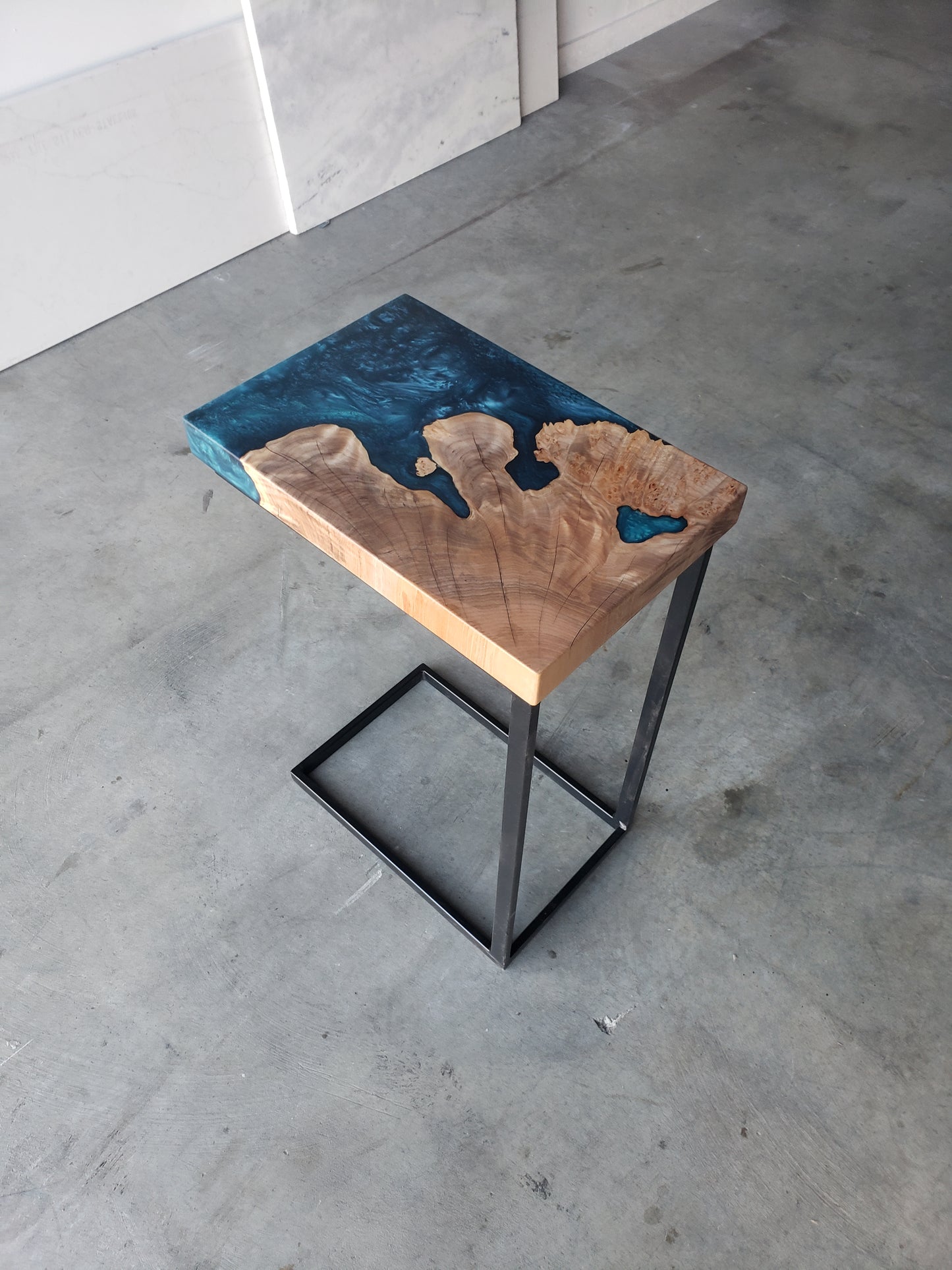 Maple Burl C-Table with Blue Epoxy Encasement