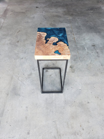 Maple Burl C-Table with Blue Epoxy Encasement