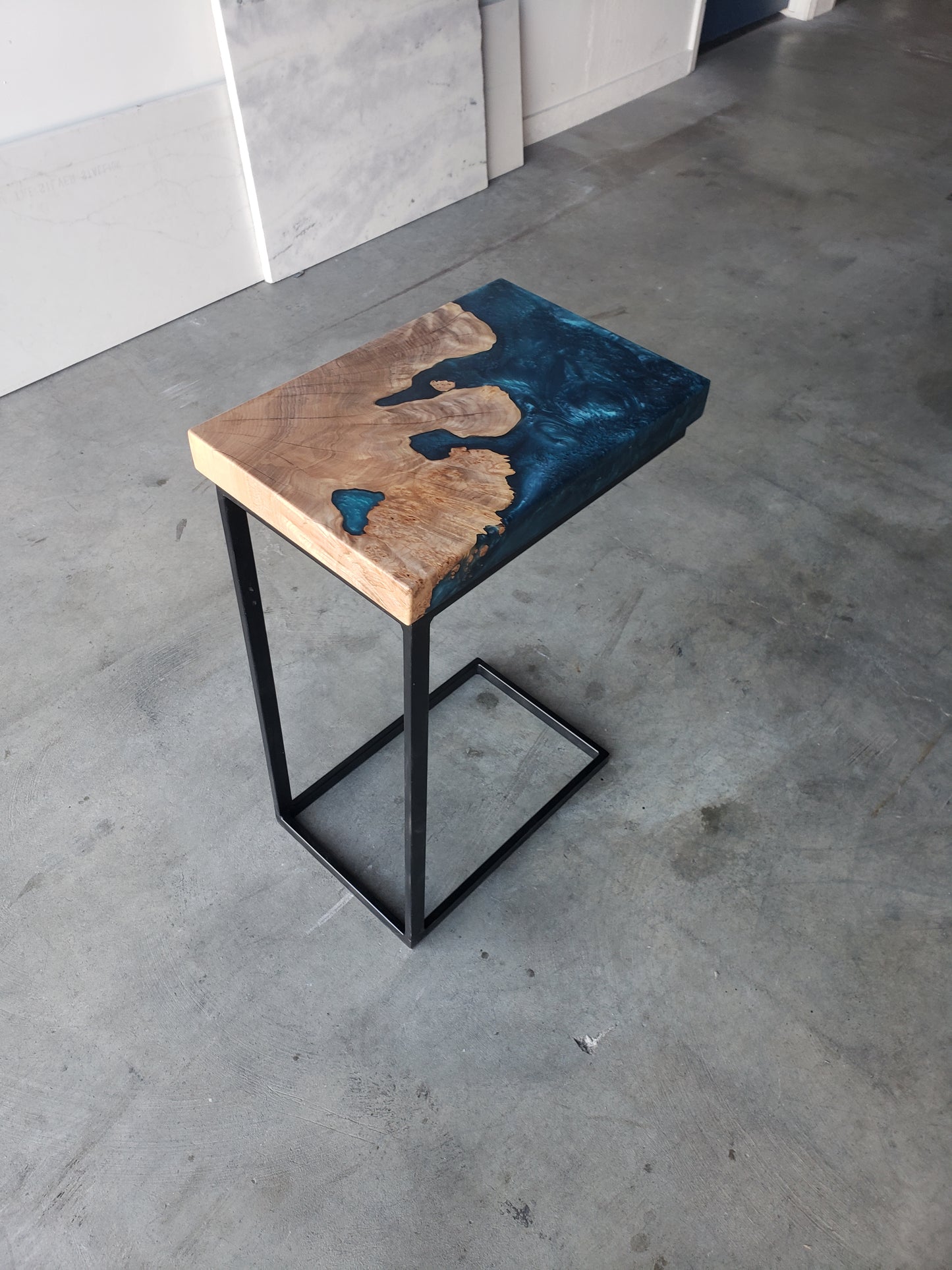 Maple Burl C-Table with Blue Epoxy Encasement