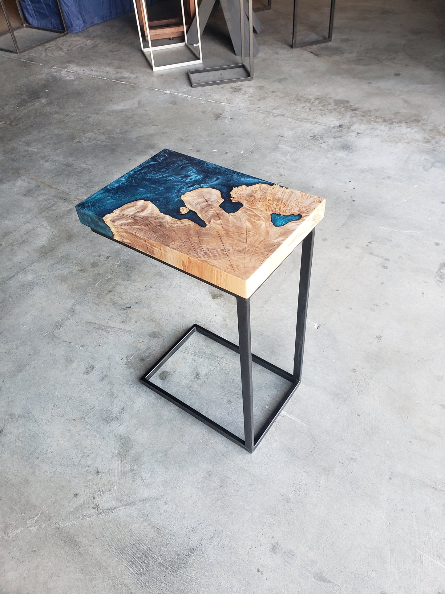 Maple Burl C-Table with Blue Epoxy Encasement