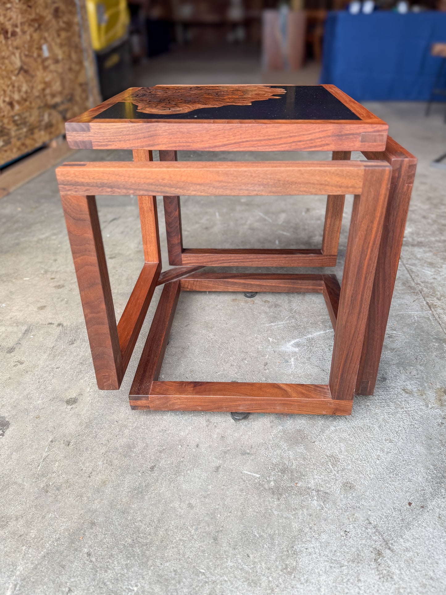 "Infinity" Claro Walnut and Solid Black Epoxy Side Table with Black Walnut Base