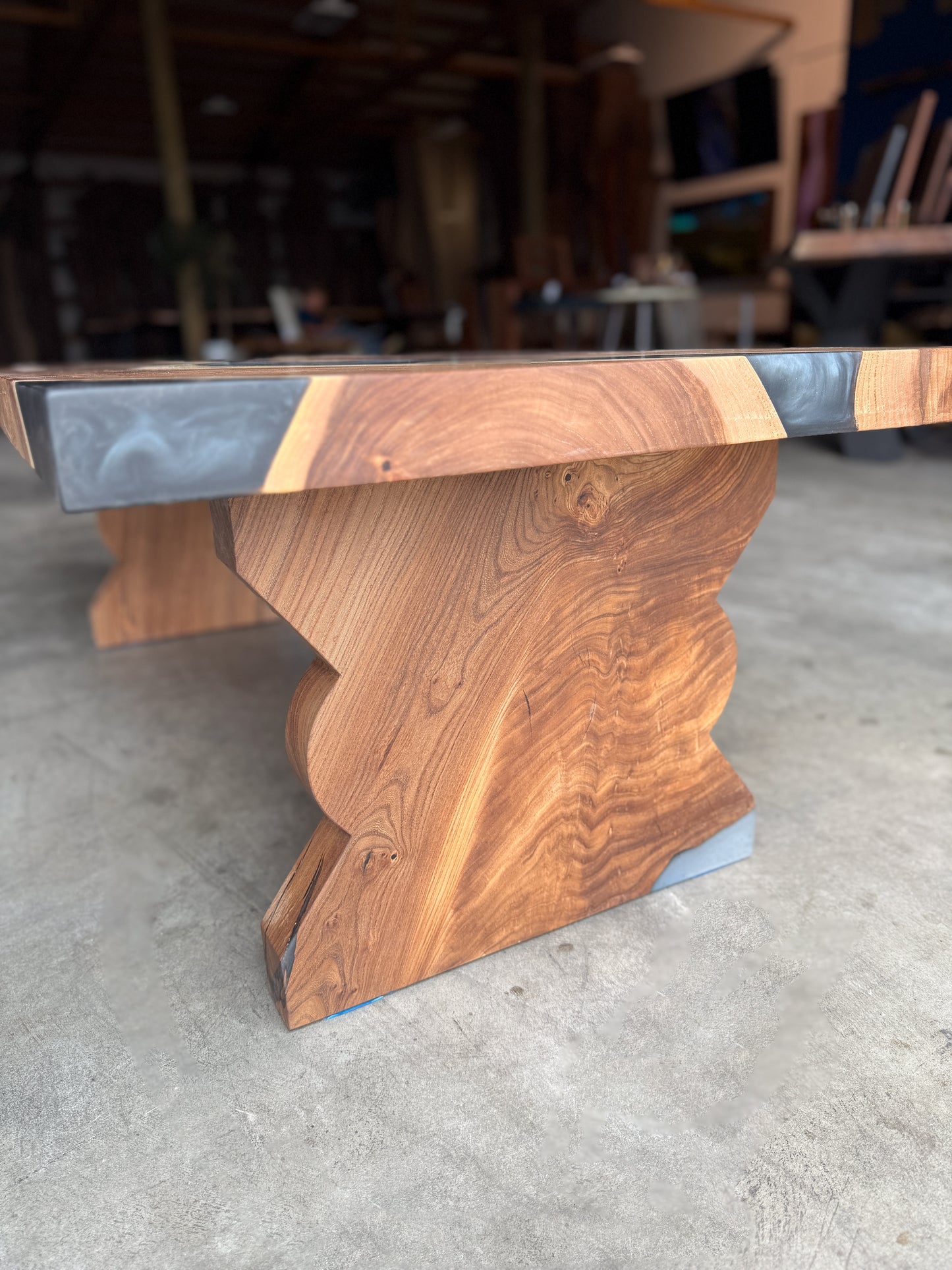 American Elm Epoxy River Coffee Table with Sculpted Elm Legs