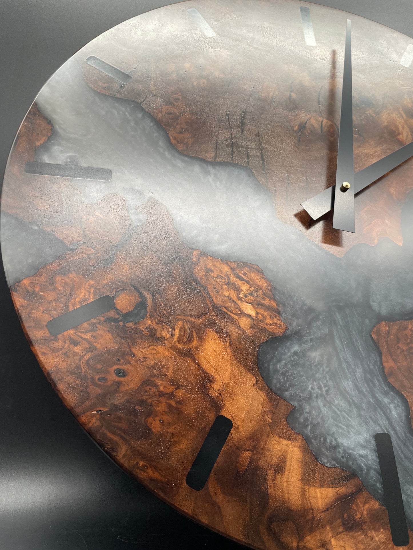 Claro Walnut Burl Round Wall Clock with Multi-Grey Epoxy River