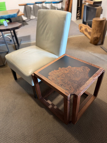 "Infinity" Claro Walnut and Solid Black Epoxy Side Table with Black Walnut Base