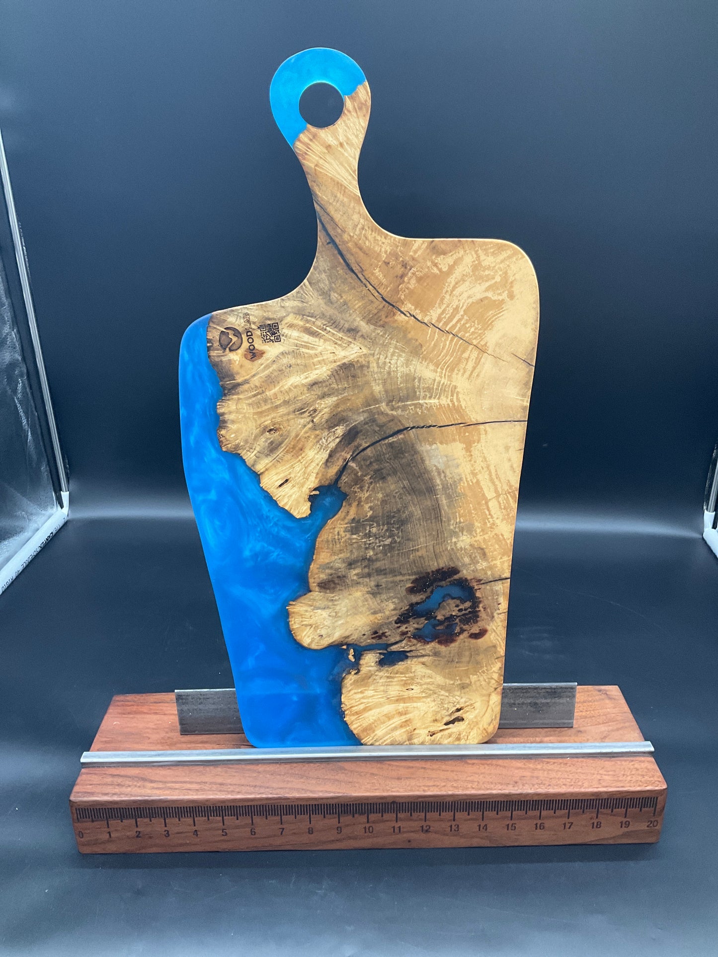Handled Blue Epoxy River and Maple Burl charcuterie board