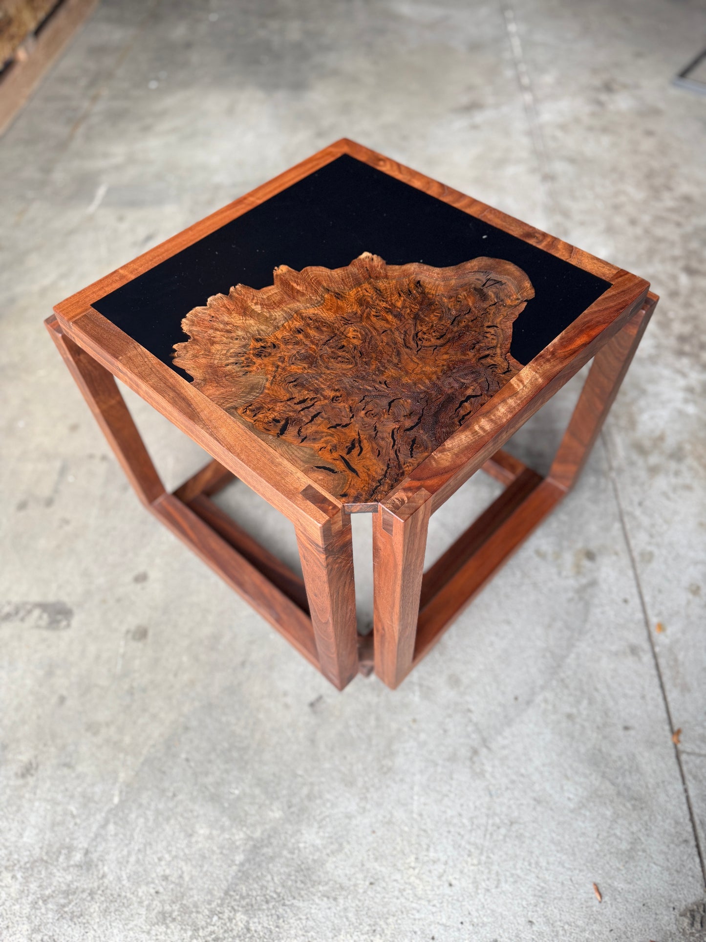 "Infinity" Claro Walnut and Solid Black Epoxy Side Table with Black Walnut Base